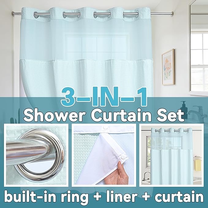 Conbo Mio Extra Long No Hook Waffle Weave Shower Curtain with Snap in Liner Set, Hotel Luxury Blue Shower Curtains for Bathroom with See Through Top Window, Waterproof, Washable 71W x 84H