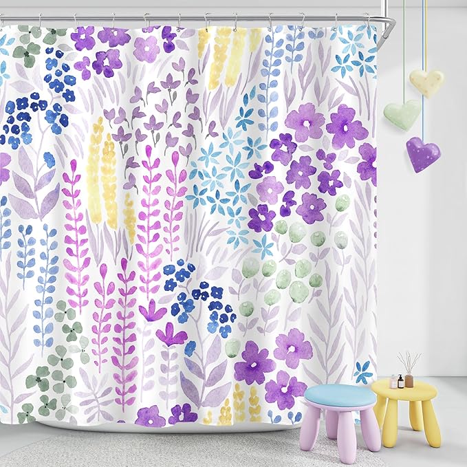 Purple Floral Shower Curtain, Lavender Colorful Boho Flower Fabric Shower Curtain, Cute Funky Watercolor Wildflower Shower Curtain Set, Cottagecore Bohemian Bathroom Decor, 72x72