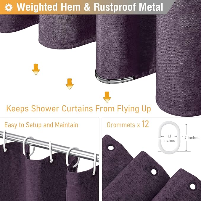 BTTN Extra Long Shower Curtain, 72x96 Inch Long Linen Textured Heavy Duty Fabric Shower Curtain Set with 12 Plastic Hooks, Tall Decorative Neutral Waterproof Cloth Shower Curtain for Bathroom, Purple