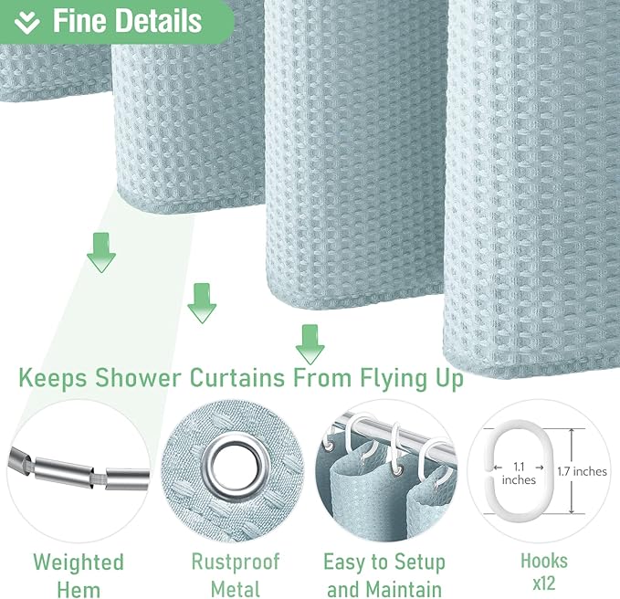 Dynamene Extra Long Fabric Shower Curtain - Waffle Weave 90 Inches Long Heavy Duty Cloth Shower Curtains for Bathroom, 256GSM Tall Hotel Luxury Bath Curtain Set with 12 Plastic Hooks, Fog Blue