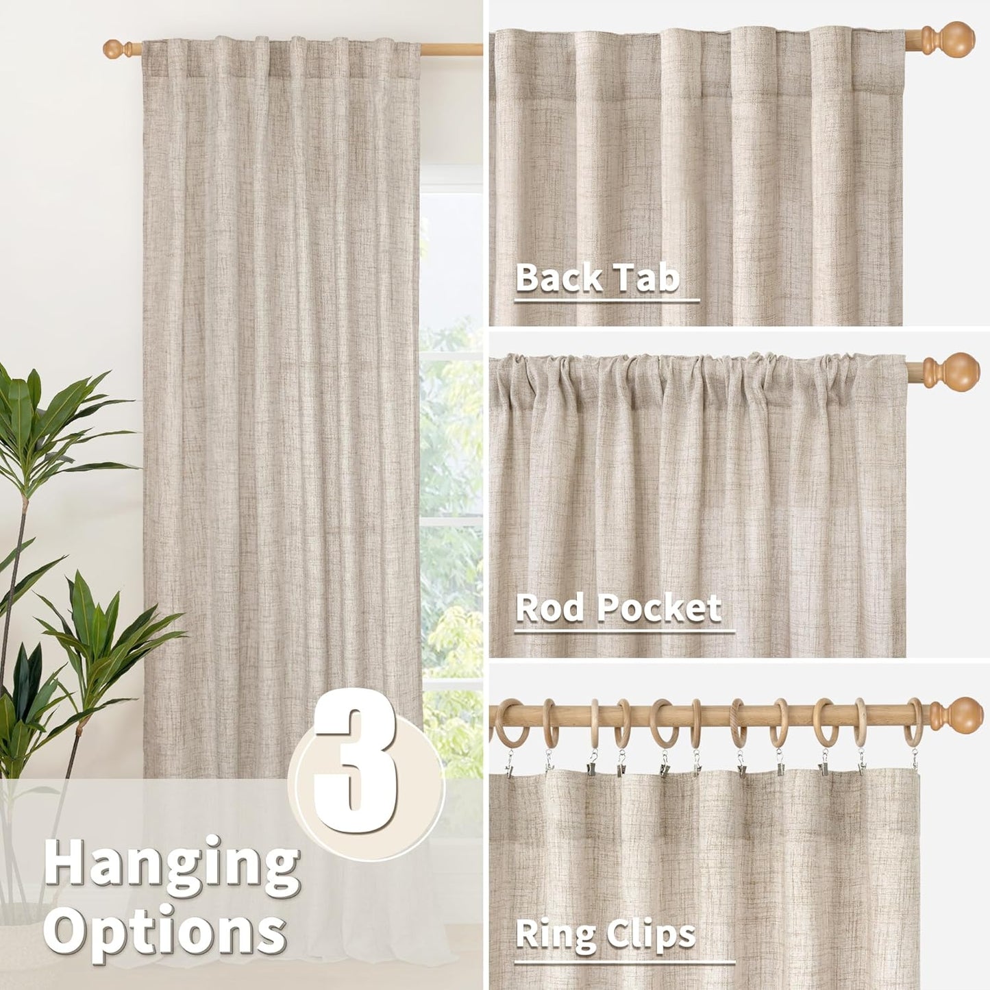 YoungsTex Natural Linen Curtains 84 Inches for Living Room Back Tab and Rod Pocket Textured Window Drapes for Bedroom Dining Farmhouse Light Filtering, 42 X 84 Inch, 2 Panels