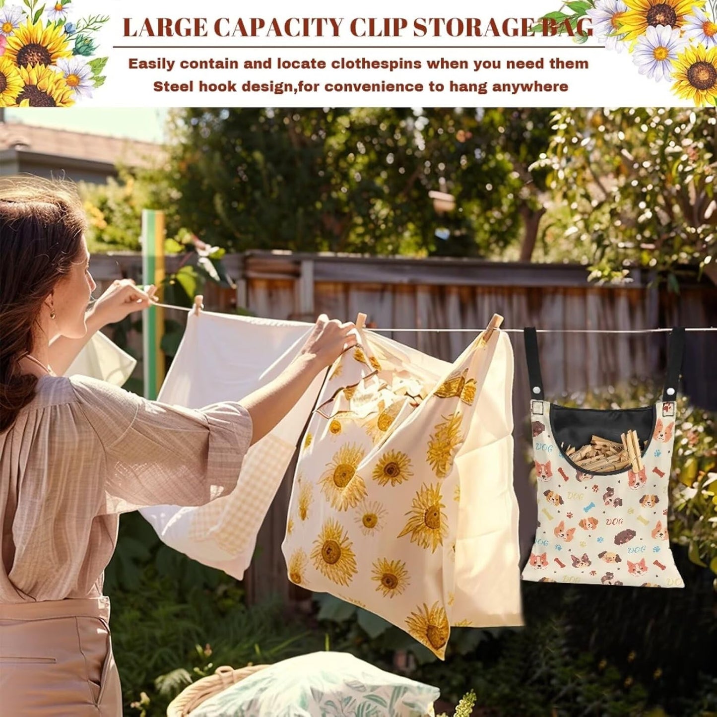 Clothes Pin Hanging Bag with Hanging Rope 14.5 X 12 Inch Clothespin Bag for Clothes Pins and Clothespins Heavy Duty Outdoor Use - Dog