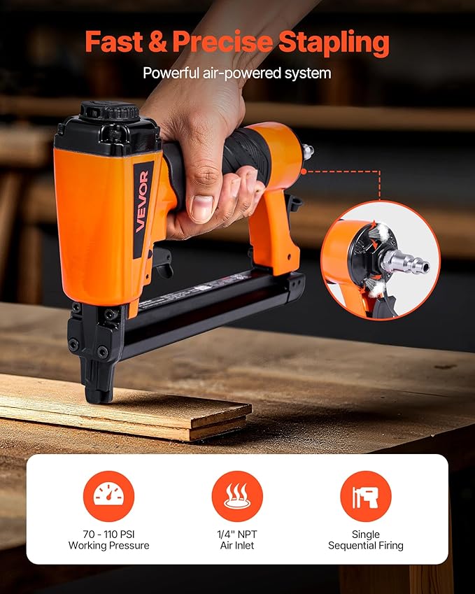 VEVOR Pneumatic Staple Gun, 20 Gauge T50 Pneumatic Upholstery Stapler for 7/16" Crown 5/32"-5/8" Length Staples, 70-110 PSI Air Staple Gun for Woodworking, Upholstering, Fabric, Crafts, DIY Projects