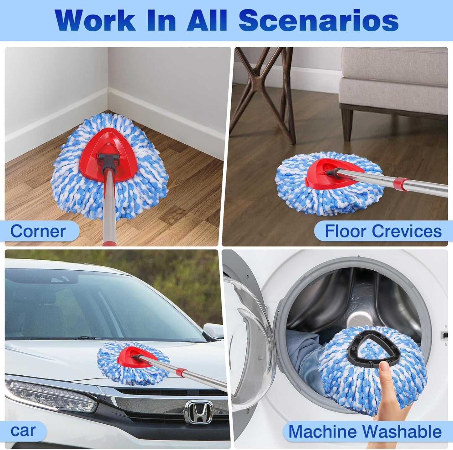 4 Pcs Mop Replace Heads & 1 Scrub Brush & 1 Base Combo for Ocedar Easywring 2-Tank System Microfiber Spin Mop Replacement Head,Machine Washable for Bathroom,Kitchen,Tub and Tile(Blue)