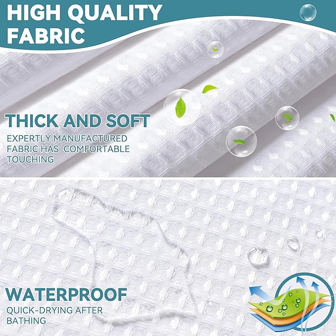 Conbo Mio Stall No Hook Waffle Weave Shower Curtain with Snap in Liner Set, Hotel Luxury White Shower Curtains for Bathroom with See Through Top Window, Waterproof, Washable 54W x 74H