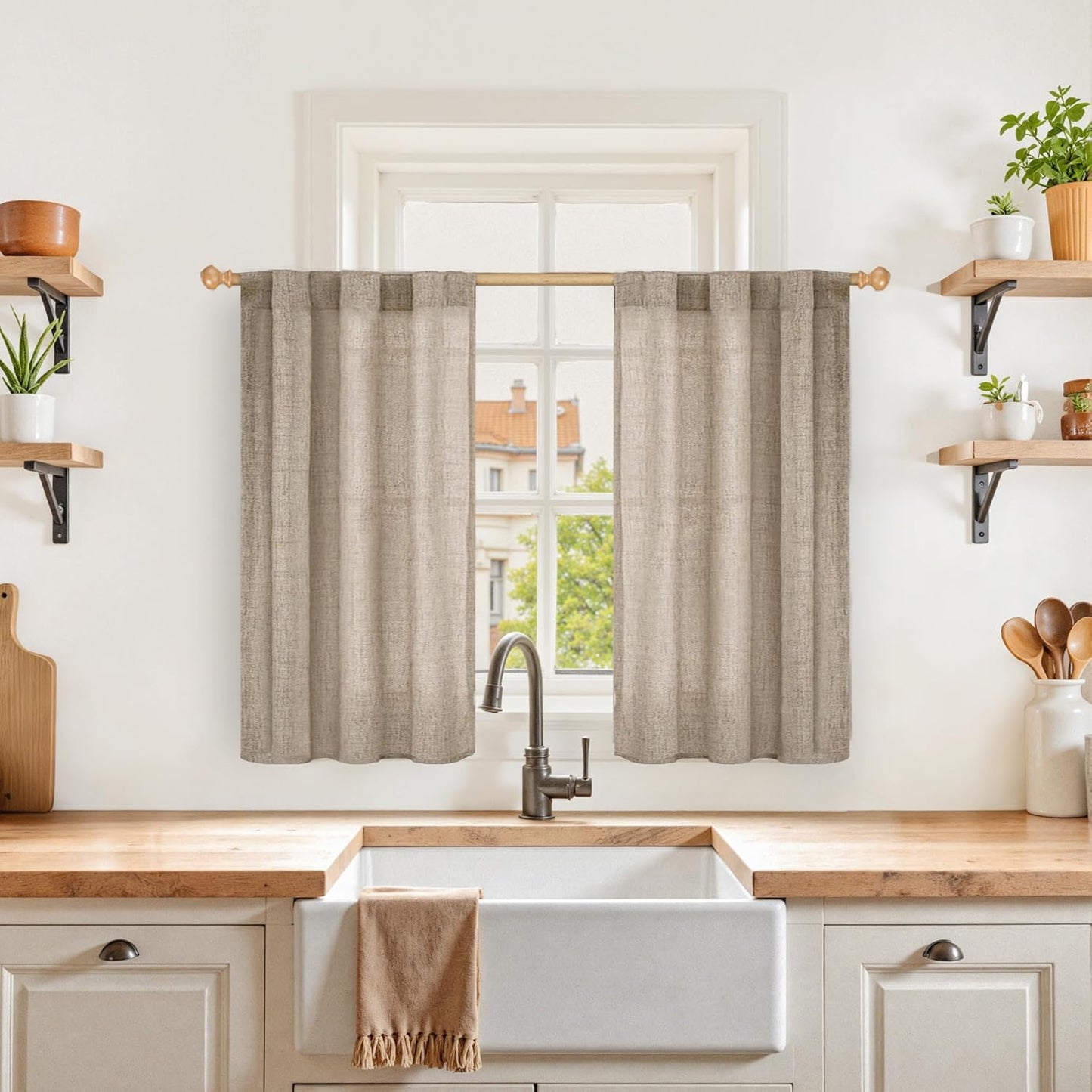 YoungsTex Small Linen Curtains 36 Inch Length for Kitchen Window Over Sink, Cafe Drapes Semi Sheer with Rod Pocket Back Tab Light Filtering for Bathroom Window, Dark Oatmeal, 2 Panels, 30 X 36 Inch