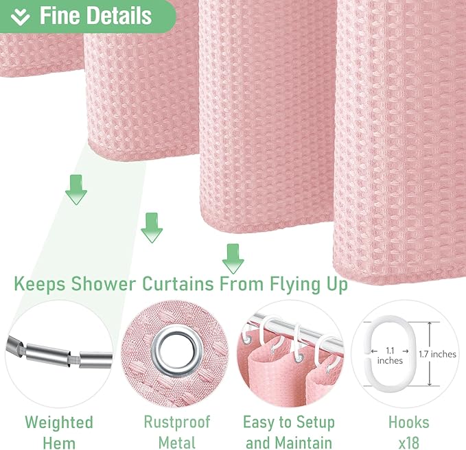 Dynamene Extra Wide Shower Curtain-108 Inch Wide Waffle Weave Weighted Thick Cloth Bathroom Shower Curtain, Neutral Heavy Duty Hotel Bath Curtain Set with 18 Plastic Hooks,108x72, Pink