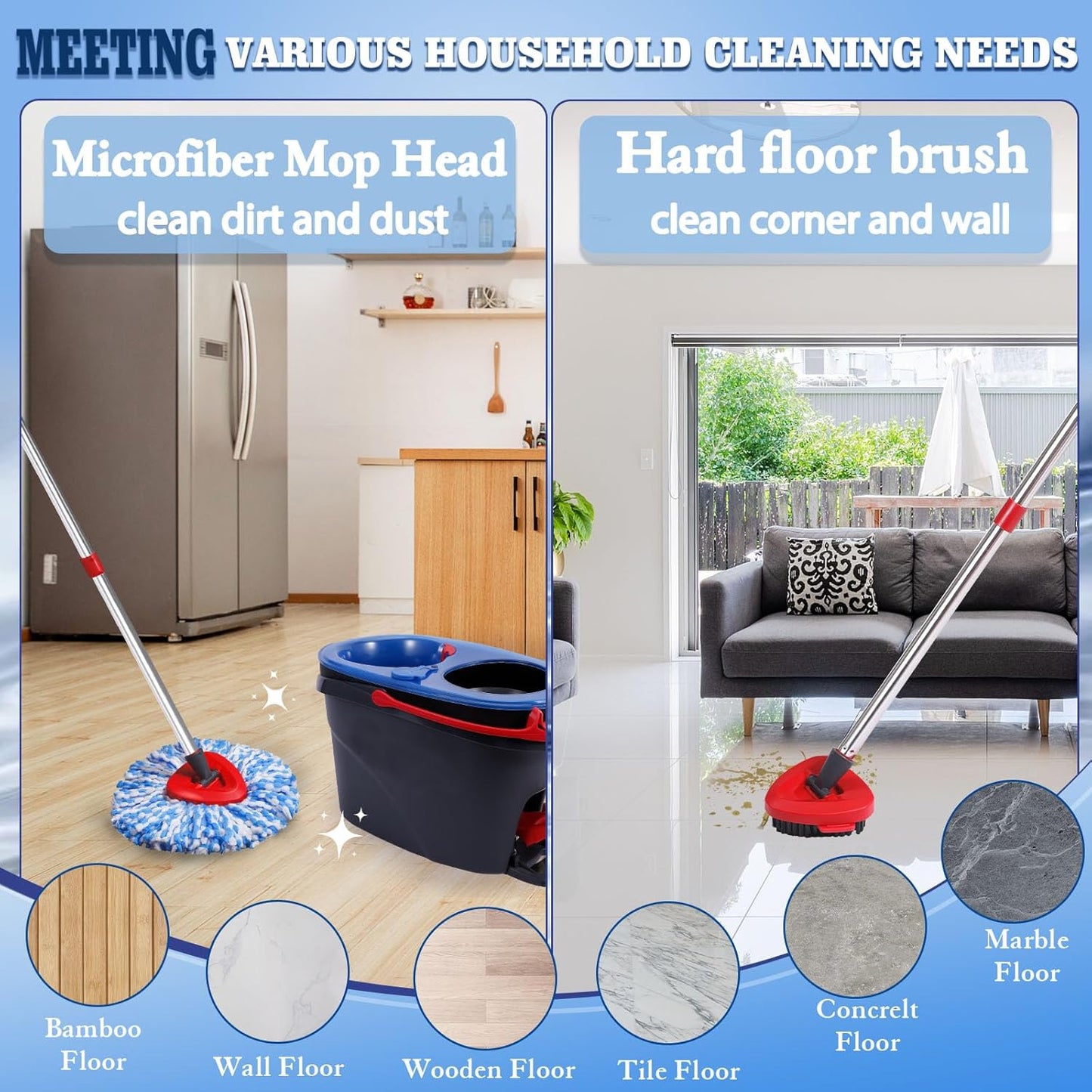 4 Pack Spin Mop Replacements Heads Compatible for Oceda RinseClean 2-Tank System,Microfiber Spin Mop Refills Head,1 Gray Mop Scrub Brush + 1 Mop Base + 4 Pack Easy Cleaning Mop Head Replacement