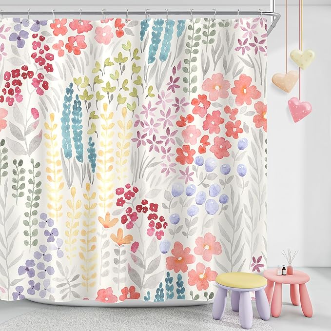 Cute Spring Summer Floral Shower Curtain, Colorful Flower Fabric Shower Curtains, Boho Funky Watercolor Wildflower Trendy Shower Curtain Set, Cottagecore Bohemian Bathroom Decor, 72x72