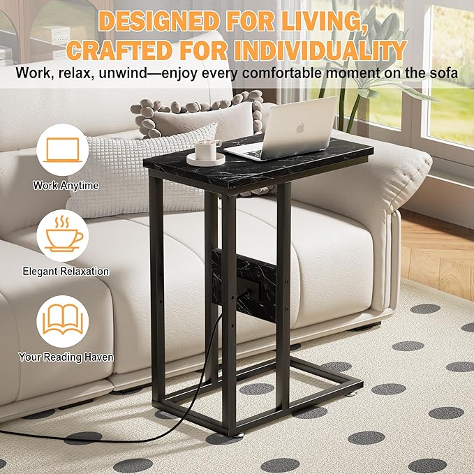 VECELO C Shaped End Table with Charging Station & Power Outlets, Quick Access Side Table for Sofa, C Bedside for Living Room Bedroom 2 Set,Black Marble