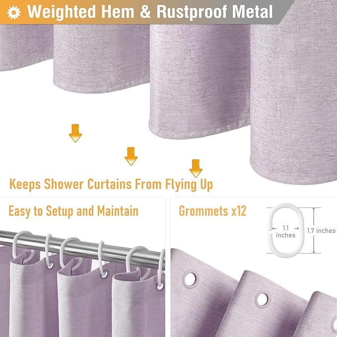 BTTN Extra Long Shower Curtain - 72x84 Inch Long Linen Textured Heavy Duty Fabric Shower Curtain Set with 12 Plastic Hooks, Tall Luxury Simple Waterproof Cloth Shower Curtains for Bathroom - Lavender