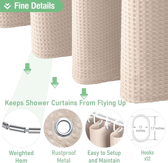 Dynamene Long Fabric Shower Curtain - 78 inch Long Waffle Weave Weighted Cloth Shower Curtains for Bathroom, Neutral Heavy Duty Hotel Spa Luxury Bath Curtain Set with 12 Hooks, 72x78, Blush Pink