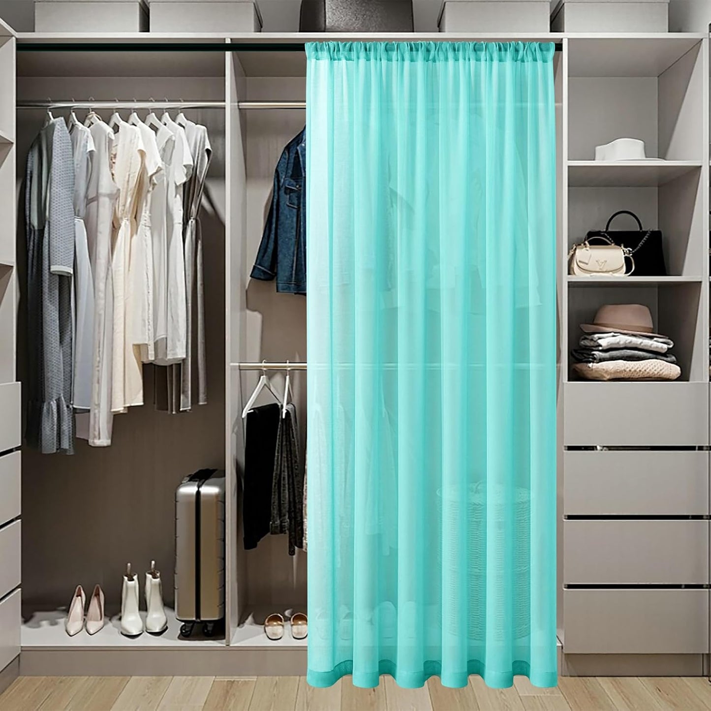 Tollpiz Sheer Door Curtain Closet Linen Textured Curtains Sheer Doorway Light Filtering Voile Patio Door Rod Pocket Curtain French Door, 54 x 72 inches Long, Aqua Blue, Set of 1 Panel