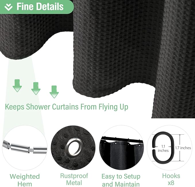 Dynamene Stall Fabric Shower Curtain - 48 inch Wide Waffle Weave Weighted Thick Cloth Shower Curtains for Bathroom, Neutral Heavy Duty Hotel Spa Luxury Bath Curtain Set with 8 Hooks, 48x72, Black