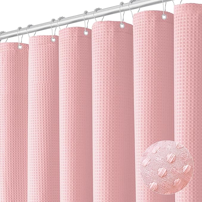 Dynamene 60 inch Stall Shower Curtain - Waffle Weave Heavy Duty Thick Fabric Shower Curtains for Bathroom,Weighted Hotel Spa Luxury Cloth Bath Curtain Set with 10 Plastic Hooks,60x72, Pink