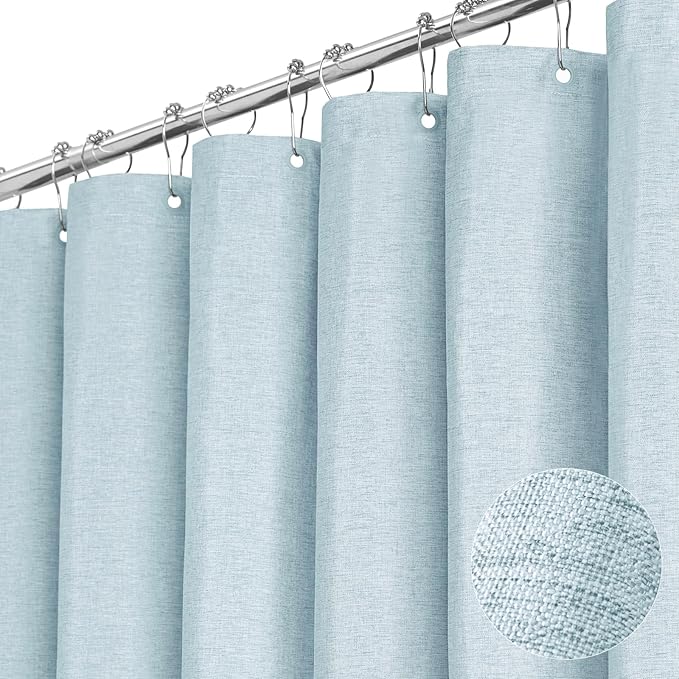 BTTN Stall Fabric Shower Curtain - 36x72 Inch Narrow Linen Textured Heavy Duty Shower Curtain Set with 6 Plastic Hooks, Half Neutral Minimalist Waterproof Modern Shower Curtains for Bathroom, Fog Blue