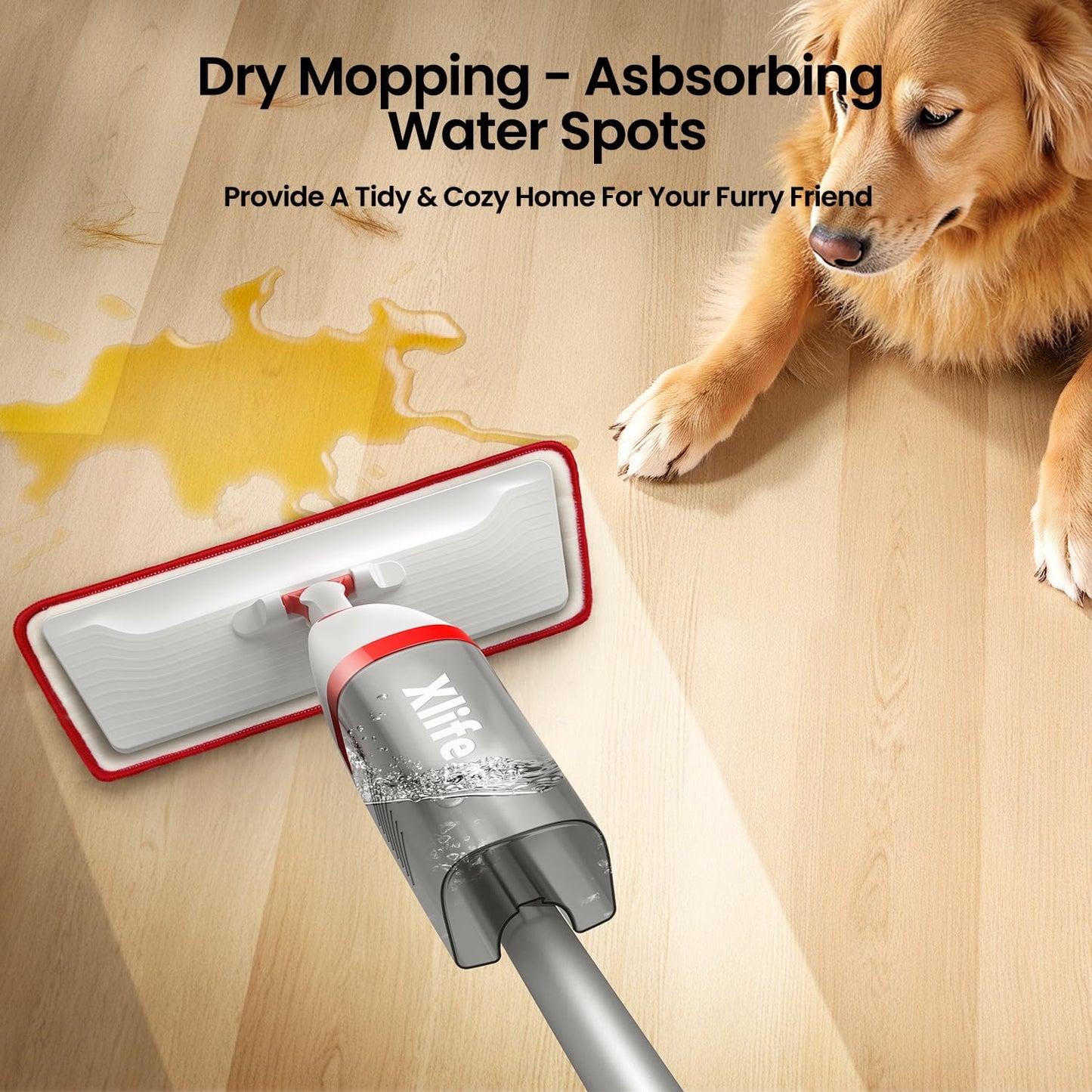 Spray Mops for Floor Cleaning with 3pcs Washable Pads, Xlife Wet Dry Mop for Kitchen Wood Hardwood Laminate Ceramic Tiles Floor Dust Cleaning-Red (No Cleaner)