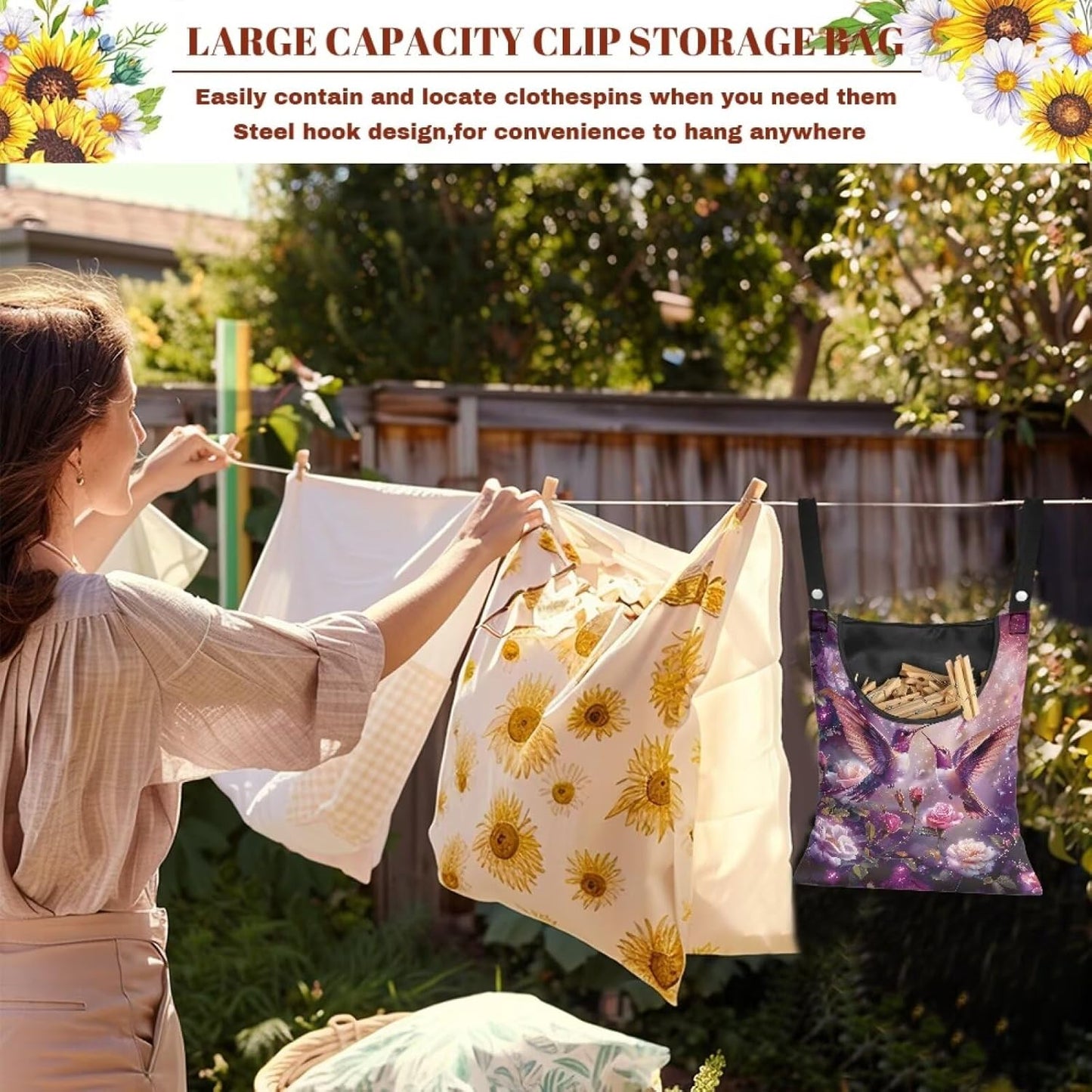 Purple Flower Hummingbird Clothespin Bag with Hanging Hook Summer Laundry Clothes Pin Holder Waterproof Clothes Pin Hanging Bag Clothespin Storage Organizer for Indoor and Outdoor
