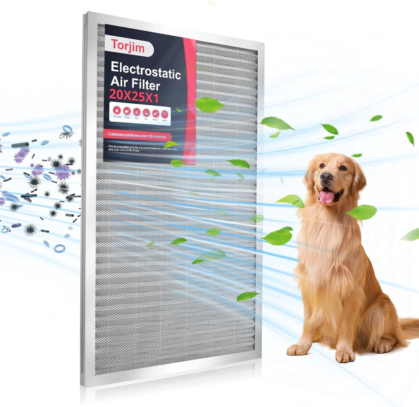 Torjim 20x25x1 MERV8 Washable & Reusable Electrostatic Air Filter - AC/HVAC Furnace Filter, Permanent, Breathe Fresher, Easy Install