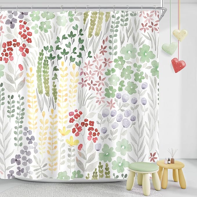 Extra Long Shower Curtain 72 x 96 Inch, Floor to Ceiling X-Long Tall Cute Floral Shower Curtain for Bathroom, Sage Green Wildflower Boho Cottagecore Fabric Shower Curtain Set with Hooks