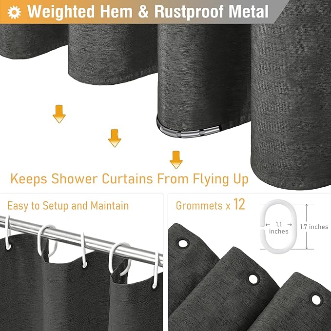 BTTN 78 Inch Long Shower Curtain, Gray Linen Textured Thick Weighted Fabric Shower Curtain Set with 12 Hooks, Tall Hotel Neutral Waterproof Polyester Shower Curtains for Bathroom, 72x78, Charcoal Grey