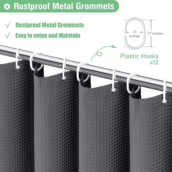 Dynamene Extra Long Shower Curtain - 96 Inch Long Waffle Weave Weighted Thick Cloth Bathroom Shower Curtain, Neutral Heavy Duty Hotel Bath Curtain Set with 12 Plastic Hooks,72x96, Charcoal Grey