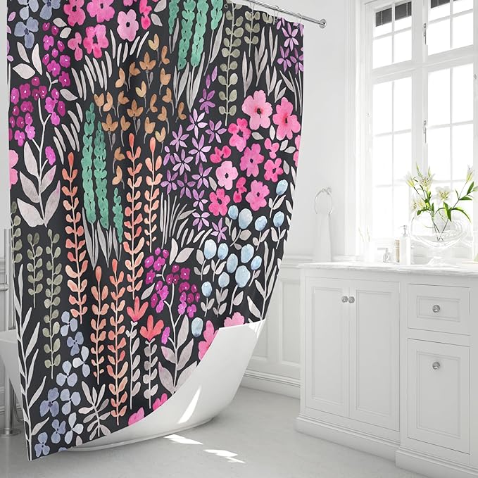 Extra Long Shower Curtain 72 x 84 Inch, Tall Cute Floral Shower Curtain for Bathroom, Black Hot Pink Wildflower Boho Cottagecore Fabric Shower Curtain Set with Hooks
