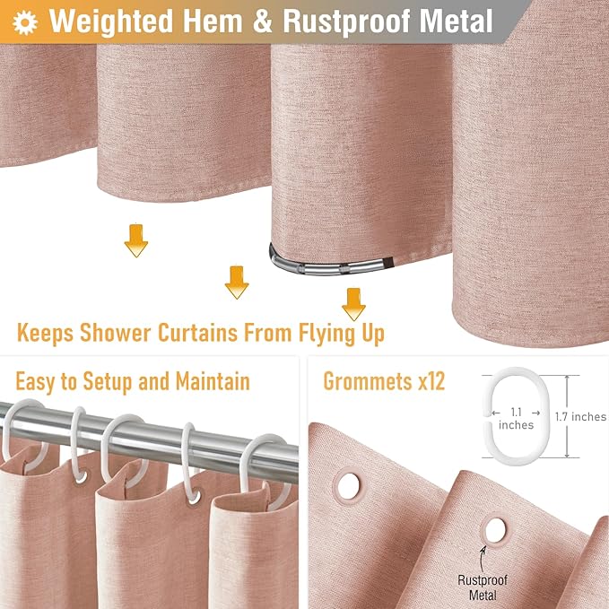 BTTN Fabric Shower Curtain, Linen Textured Heavy Duty Polyester Cloth Shower Curtain Set with Plastic Hooks, Blush, 72x84