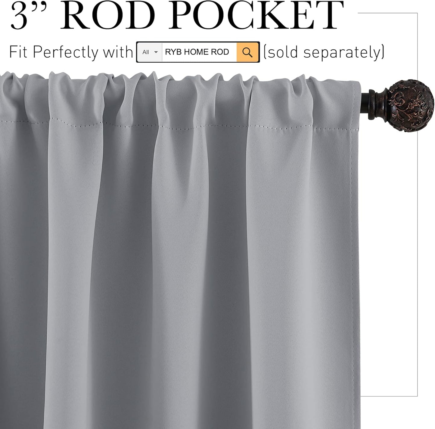 RYB HOME Short Curtains for Living Room Blackout Portable Blinds Shades for Bedroom Bathroom Basement Garage RV Camper Windows, W 34 inches x L 36 inches, Silver Grey, 2 Pcs