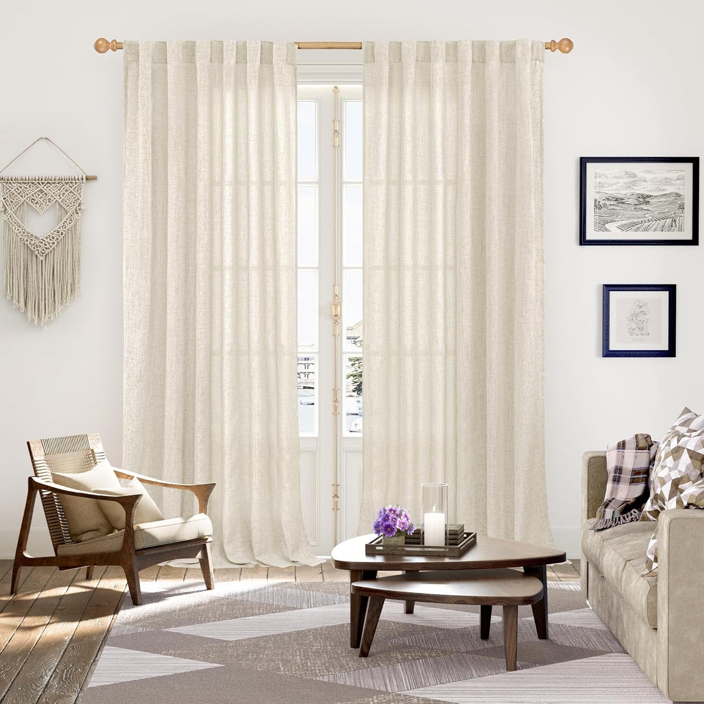 YoungsTex Linen Curtains 95 Inch Length for Living Room 2 Panels, Cream Semi Sheer Window Treatments with Rod Pocket Back Tab Light Filtering for Bedroom Dining Room Office, 52 X 95 Inch