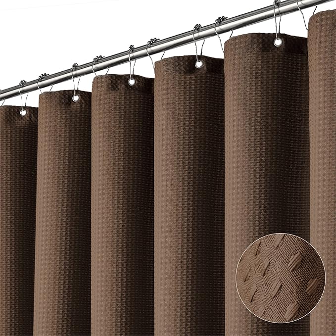 Dynamene Stall Fabric Shower Curtain - 54x78 inch Long Waffle Weave Weighted Thick Cloth Shower Curtains for Bathroom,Heavy Duty Hotel Spa Luxury Bath Curtain Set with 10 Plastic Hooks, Brown