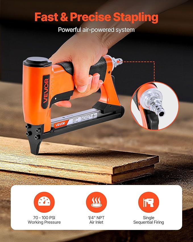 VEVOR Pneumatic Staple Gun, 22 Gauge Air Upholstery Stapler for 71 Series Fine Wire Staples 3/8" Crown 1/4"-5/8" Length, Max 180PCS Loading Air Staple Gun for Upholstering, Woodworking, DIY Projects
