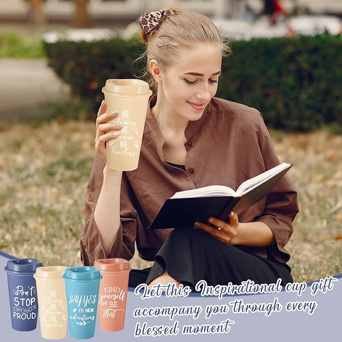 12 Pcs Inspirational Gifts for Employee Coworkers Staff Teammate, 16oz Reusable Plastic Coffee Cups with Positive Sayings, Bundle Gifts for Woman Man Coworker (Morandi Color,Inspirational)
