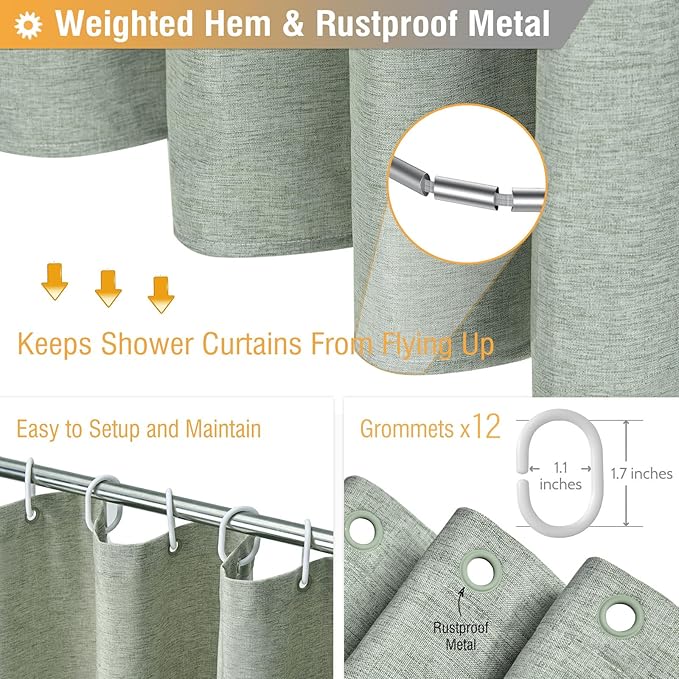 BTTN Fabric Shower Curtain, Linen Textured Heavy Duty Polyester Cloth Shower Curtain Set with Plastic Hooks,Sage Green, 72x78