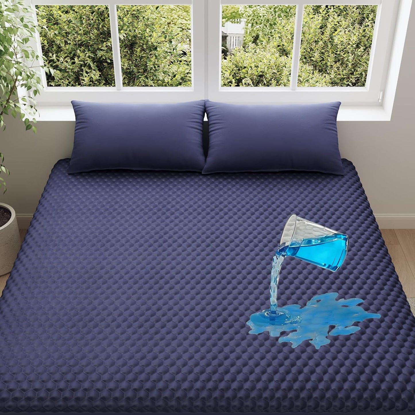 OhGeni 100% Waterproof Mattress Protector, Full Size Mattress Pad, Fits 6"-20" Mattresses with Deep Pocket, Cooling, Breathable Fitted Sheets, Soft Bed Cover, Noiseless, Machine Washable(Navy Blue)