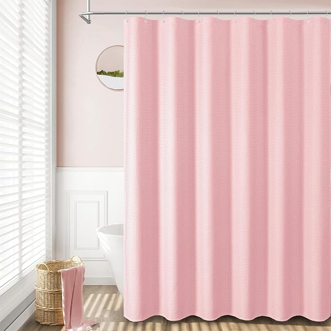Dynamene 60 inch Stall Shower Curtain - Waffle Weave Heavy Duty Thick Fabric Shower Curtains for Bathroom,Weighted Hotel Spa Luxury Cloth Bath Curtain Set with 10 Plastic Hooks,60x72, Pink