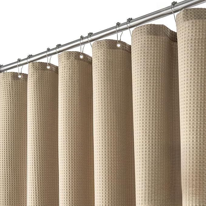 Dynamene Extra Wide Shower Curtain - 180 Inch Wide Waffle Weighted Thick Cloth Bathroom Shower Curtain, Neutral Heavy Duty Hotel Shower Curtain Set with 32 Plastic Hooks, 180x72, Beige/Khaki