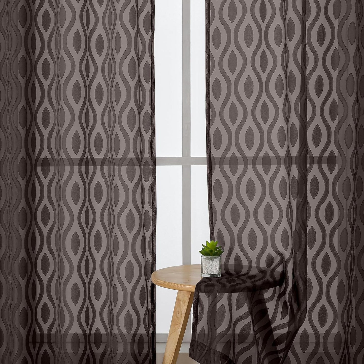 Aiyufeng Sheer Brown Curtains 54 Inch Length 2 Panels - Soft Lightweight Clip Jacquard Textured Farmhouse for Bedroom, Modern Wavy Line Voile for Living Room, 40Wx54L Inches