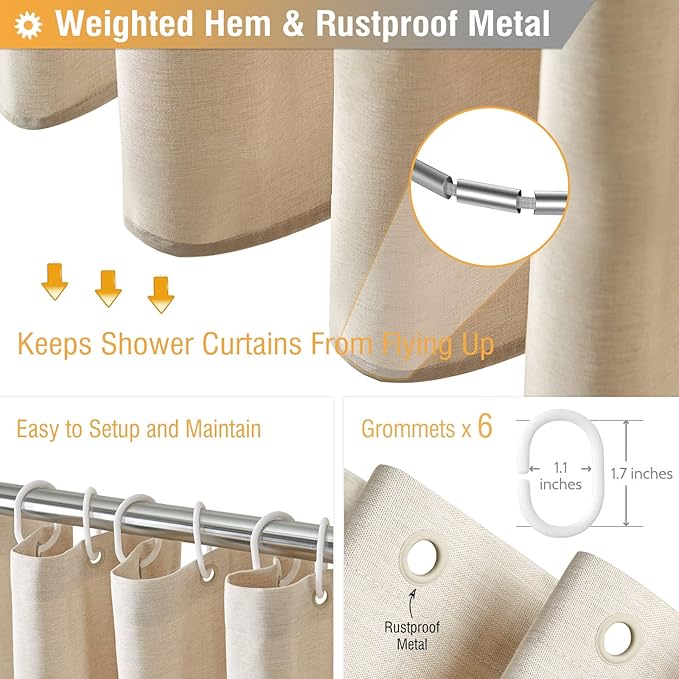 BTTN Stall Fabric Shower Curtain, 36 Inch Linen Textured Heavy Duty Small Cloth Shower Curtain Set with 6 Plastic Hooks, Narrow Hotel Luxury Weighted Shower Curtains for Bathroom(36"x72", Beige/Cream)