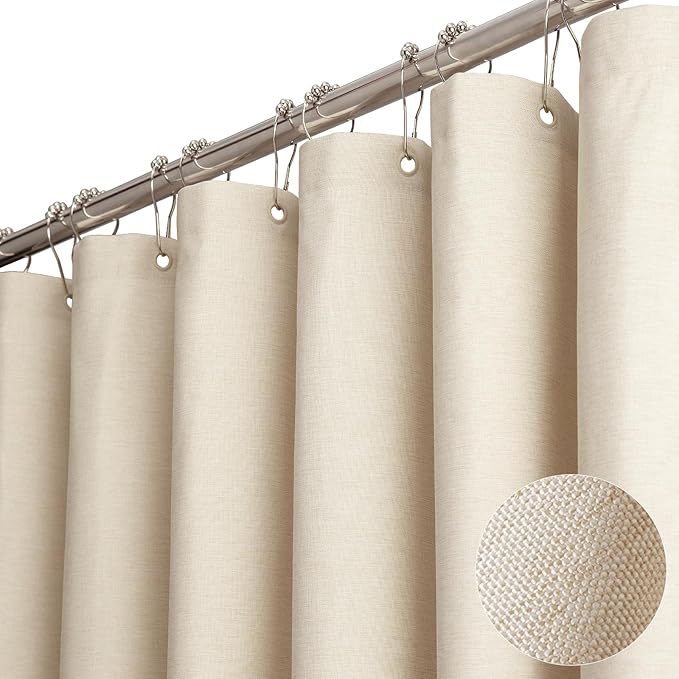 BTTN Stall Fabric Shower Curtain - 54x72 Inch Long Linen Textured Heavy Duty Shower Curtain Set with 10 Plastic Hooks, Hotel Spa Weighted Waterproof Neutral Bath Curtains for Bathroom - Cream/Beige