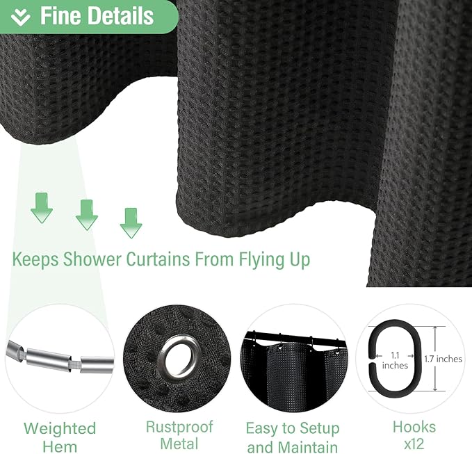 Dynamene Extra Long Fabric Shower Curtain - Waffle Weave 90 Inches Long Heavy Duty Cloth Shower Curtains for Bathroom, 256GSM Tall Hotel Luxury Bath Curtain Set with 12 Plastic Hooks(72Wx90H, Black)