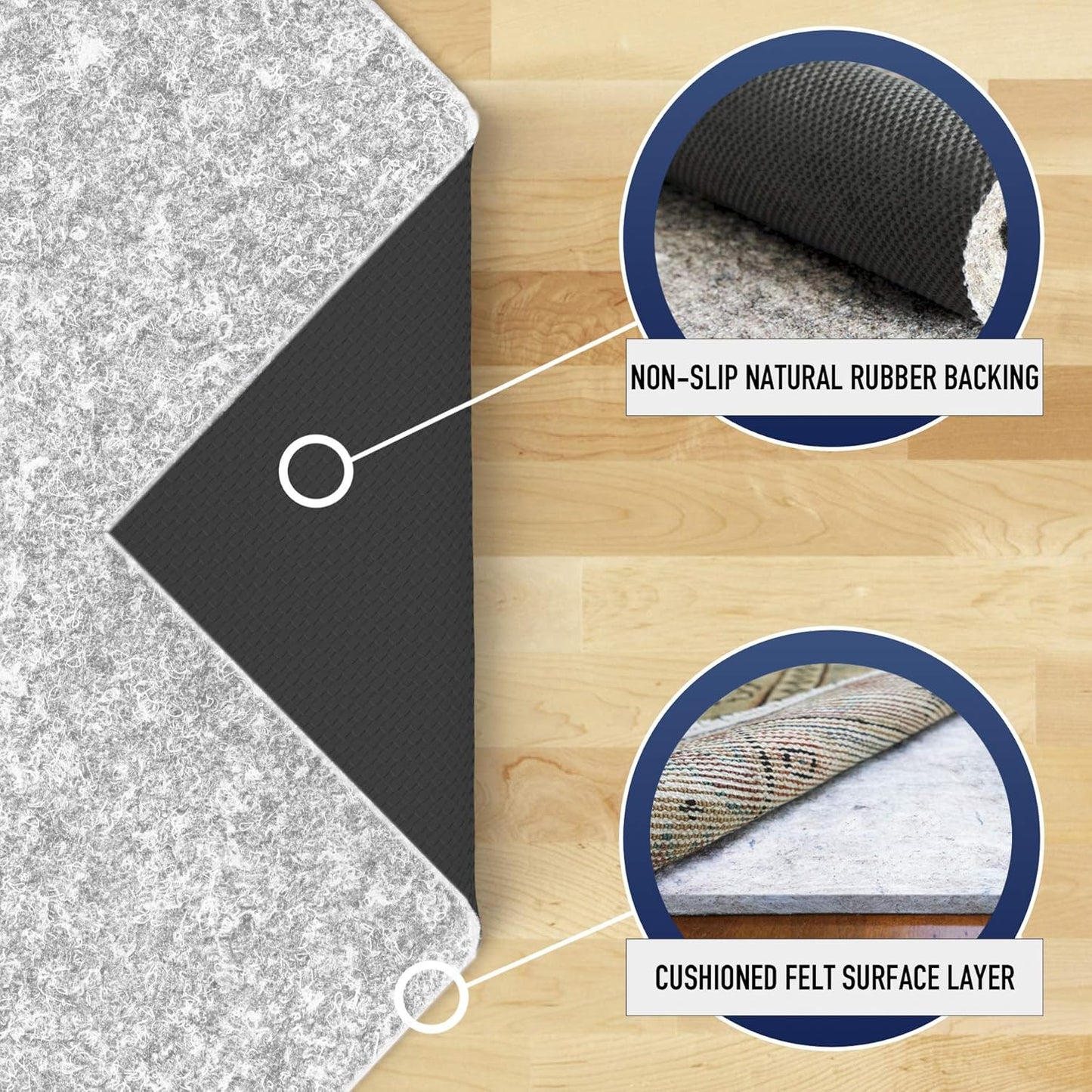 RUGPADUSA - Dual Surface - 9' Square - 1/4" Thick - Felt + Rubber - Non-Slip Backing Rug Pad - Safe for All Floors