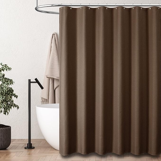 Dynamene Stall Fabric Shower Curtain - 54 inch Wide Waffle Weave Weighted Thick Cloth Shower Curtains for Bathroom, Heavy Duty Hotel Spa Luxury Bath Curtain Set with 10 Hooks, 54x72, Brown