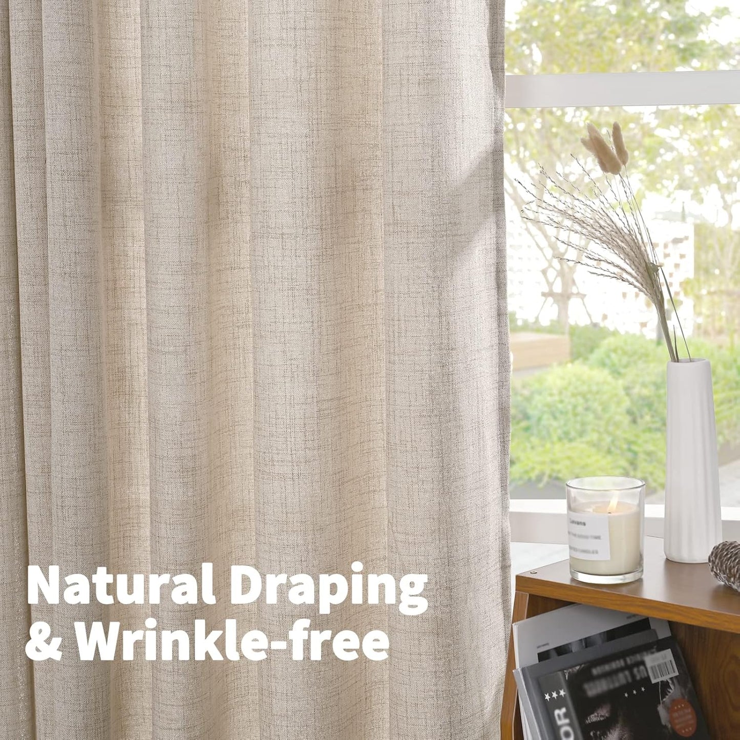 YoungsTex Natural Linen Curtains 80 Inch Length for Living Room, Light Filtering Burlap Textured Rod Pocket Window Drapes Back Tab for Bedroom Office Rustic, 2 Panels, 52 X 80 Inch