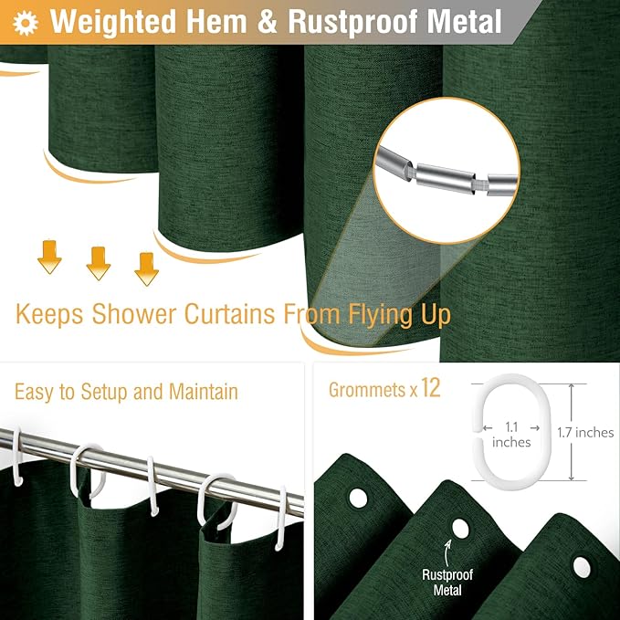 BTTN Extra Long Fabric Shower Curtain, 84 Inch Linen Textured Heavy Duty Cloth Shower Curtain Set with 12 Plastic Hook, Large Hotel Luxury Polyester Shower Curtain for Bathroom,72x84, Emerald Green