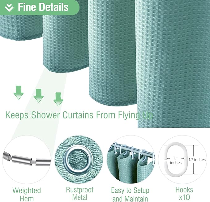 Dynamene Stall Fabric Shower Curtain - 54x78 inch Long Waffle Weave Weighted Thick Cloth Shower Curtains for Bathroom,Neutral Heavy Duty Hotel Spa Luxury Bath Curtain Set with 10 Plastic Hooks, Teal