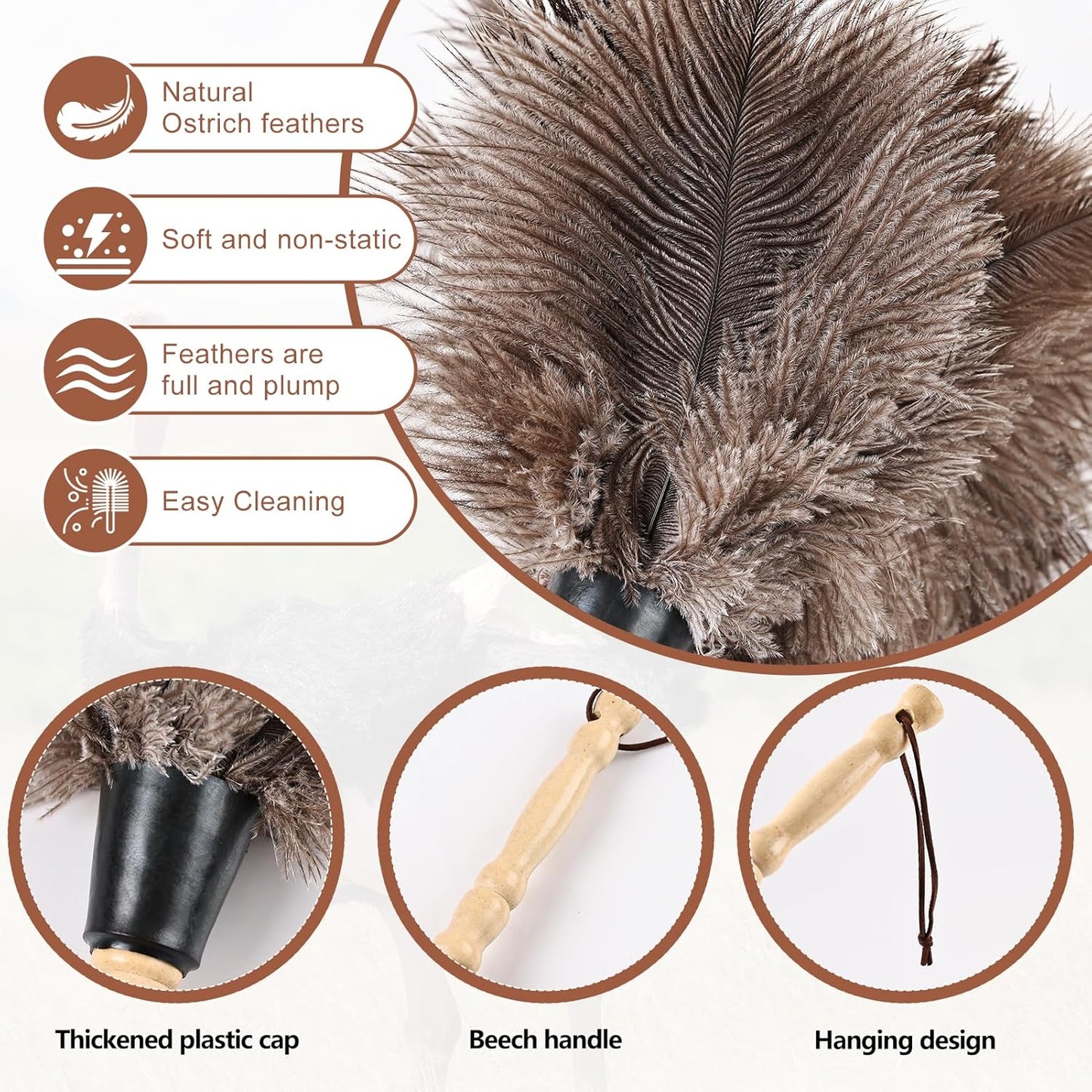 Ostrich Feather Duster 14" Natural Handheld Reusable Feathers Dusters with Wooden Handle for Cleaning Supplies Home Car Office(3PCS)