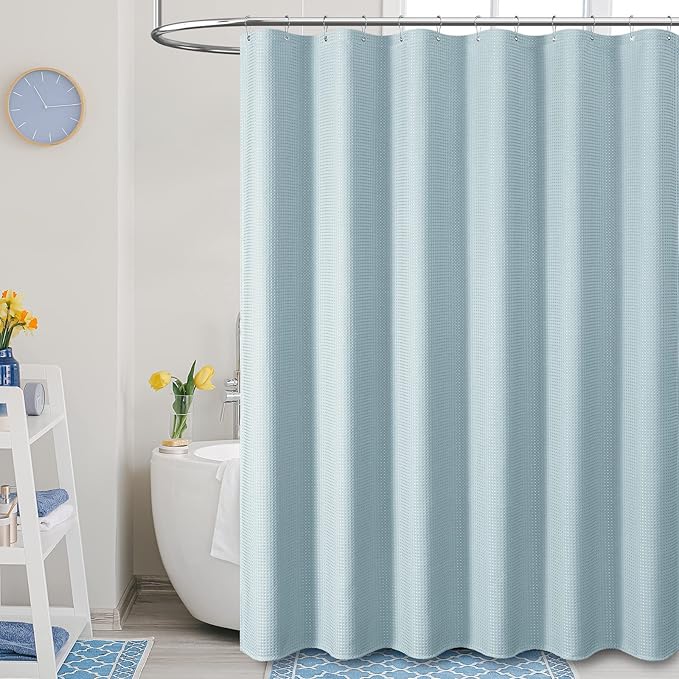 Dynamene Stall Fabric Shower Curtain - 60 x 84 inch Long Waffle Weave Weighted Thick Cloth Shower Curtains for Bathroom, Neutral Heavy Duty Hotel Spa Luxury Bath Curtain Set with 10 Hook, Fog Blue