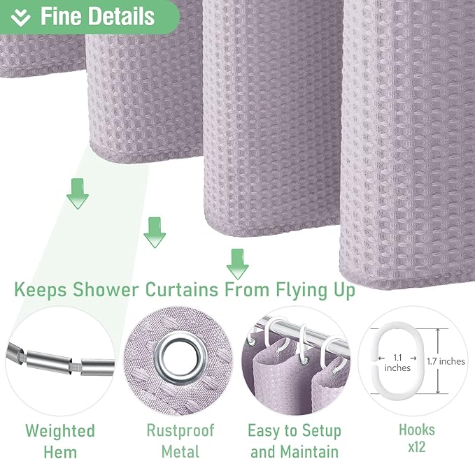 Dynamene Extra Long Shower Curtain - 84 Inch Long Waffle Weave Heavy Duty Fabric Bathroom Shower Curtain, Neutral Weighted Hotel Thick Bath Curtain Set with 12 Plastic Hooks,72x84, Lavender