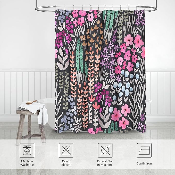 Black Pink Floral Shower Curtain, Hot Pink Boho Flower Fabric Shower Curtain, Cute Funky Watercolor Wildflower Shower Curtain Set, Cottagecore Bohemian Bathroom Decor, 72x72